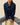 Rowing Blazers Women’s Fitted Lace Collar Button Down Shirt Navy in navy blue tailored cotton with thin green vertical stripes and a large, embroidered lace collar.