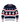 A navy blue knit crewneck sweater with red and white stripes, featuring white snowmen with blue hats and scarves across the chest, and white snowflakes on the sleeves and upper chest.